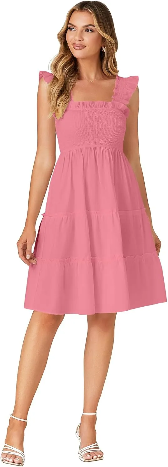 Rooscier Women's Square Neck Smocked Ruffle Sleeveless Tiered A Line Sundress Mini Dress