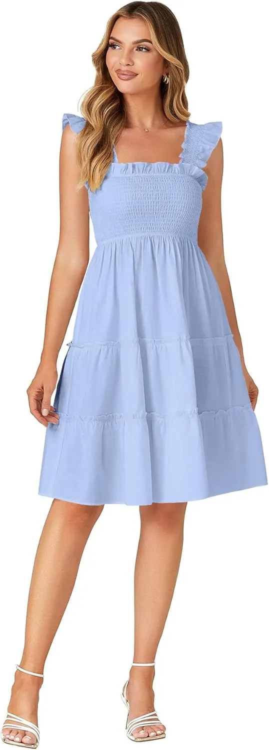 Rooscier Women's Square Neck Smocked Ruffle Sleeveless Tiered A Line Sundress Mini Dress