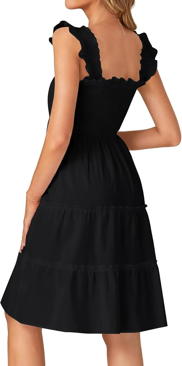 Rooscier Women's Square Neck Smocked Ruffle Sleeveless Tiered A Line Sundress Mini Dress