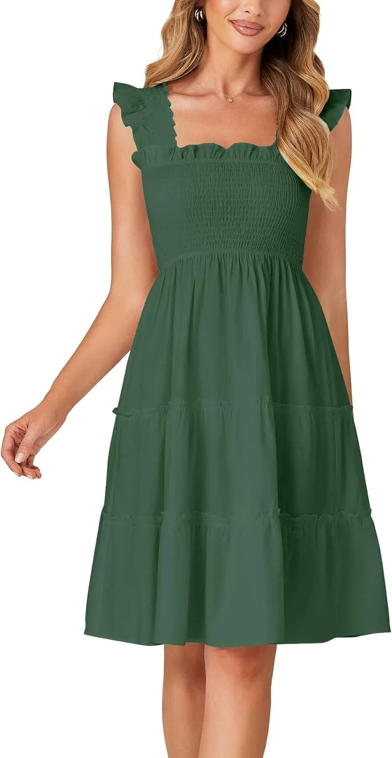Rooscier Women's Square Neck Smocked Ruffle Sleeveless Tiered A Line Sundress Mini Dress