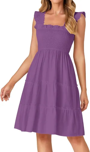 Rooscier Women's Square Neck Smocked Ruffle Sleeveless Tiered A Line Sundress Mini Dress