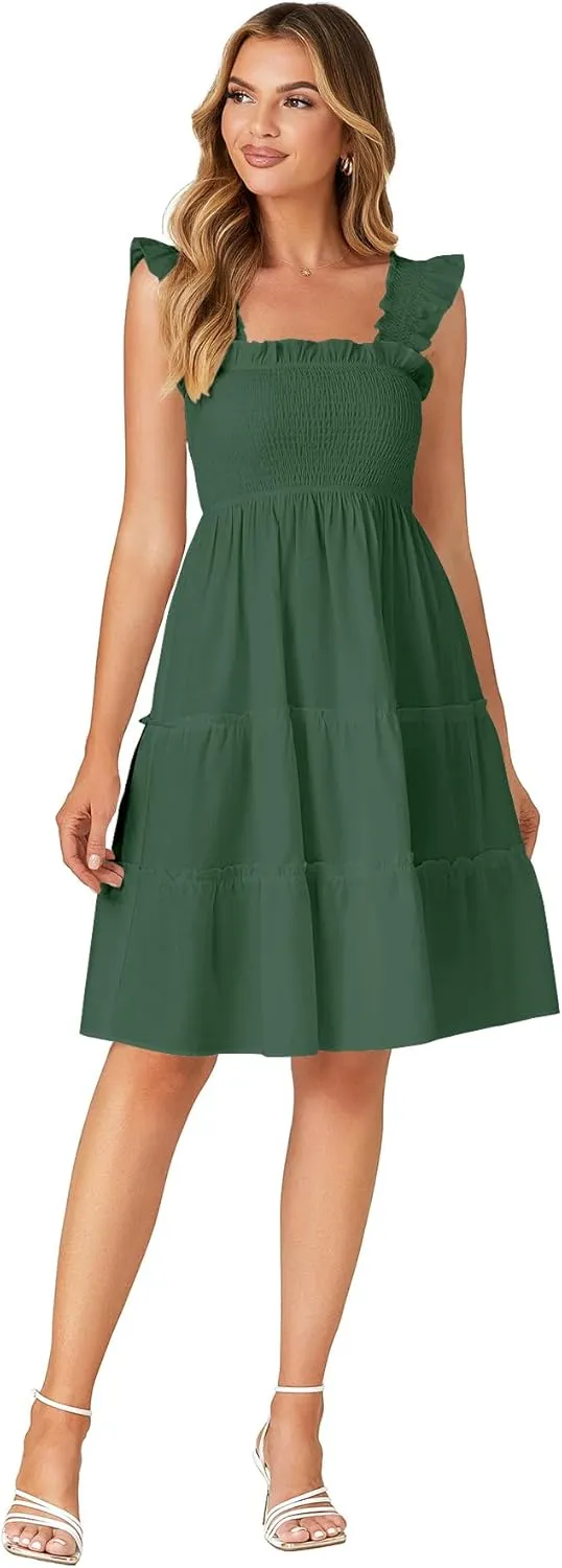 Rooscier Women's Square Neck Smocked Ruffle Sleeveless Tiered A Line Sundress Mini Dress