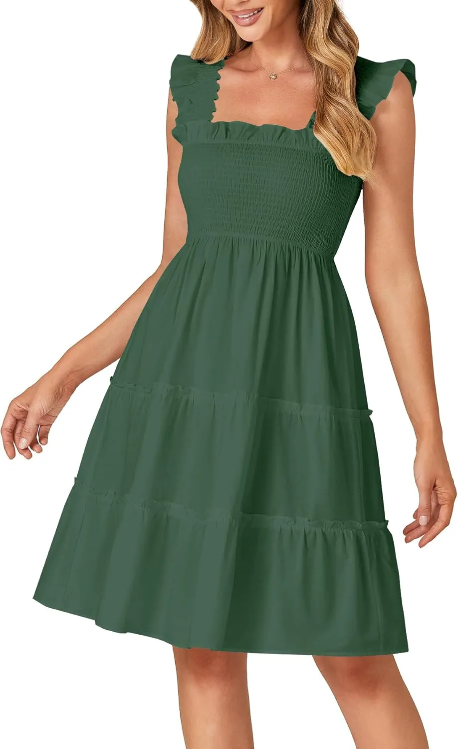 Rooscier Women's Square Neck Smocked Ruffle Sleeveless Tiered A Line Sundress Mini Dress