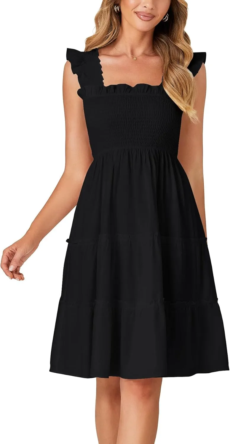 Rooscier Women's Square Neck Smocked Ruffle Sleeveless Tiered A Line Sundress Mini Dress