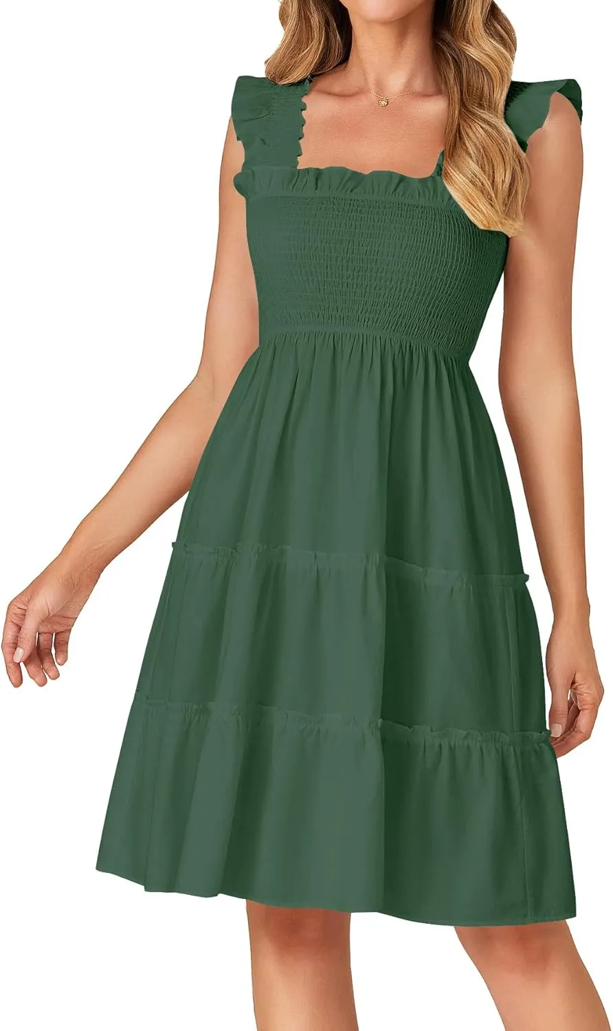 Rooscier Women's Square Neck Smocked Ruffle Sleeveless Tiered A Line Sundress Mini Dress