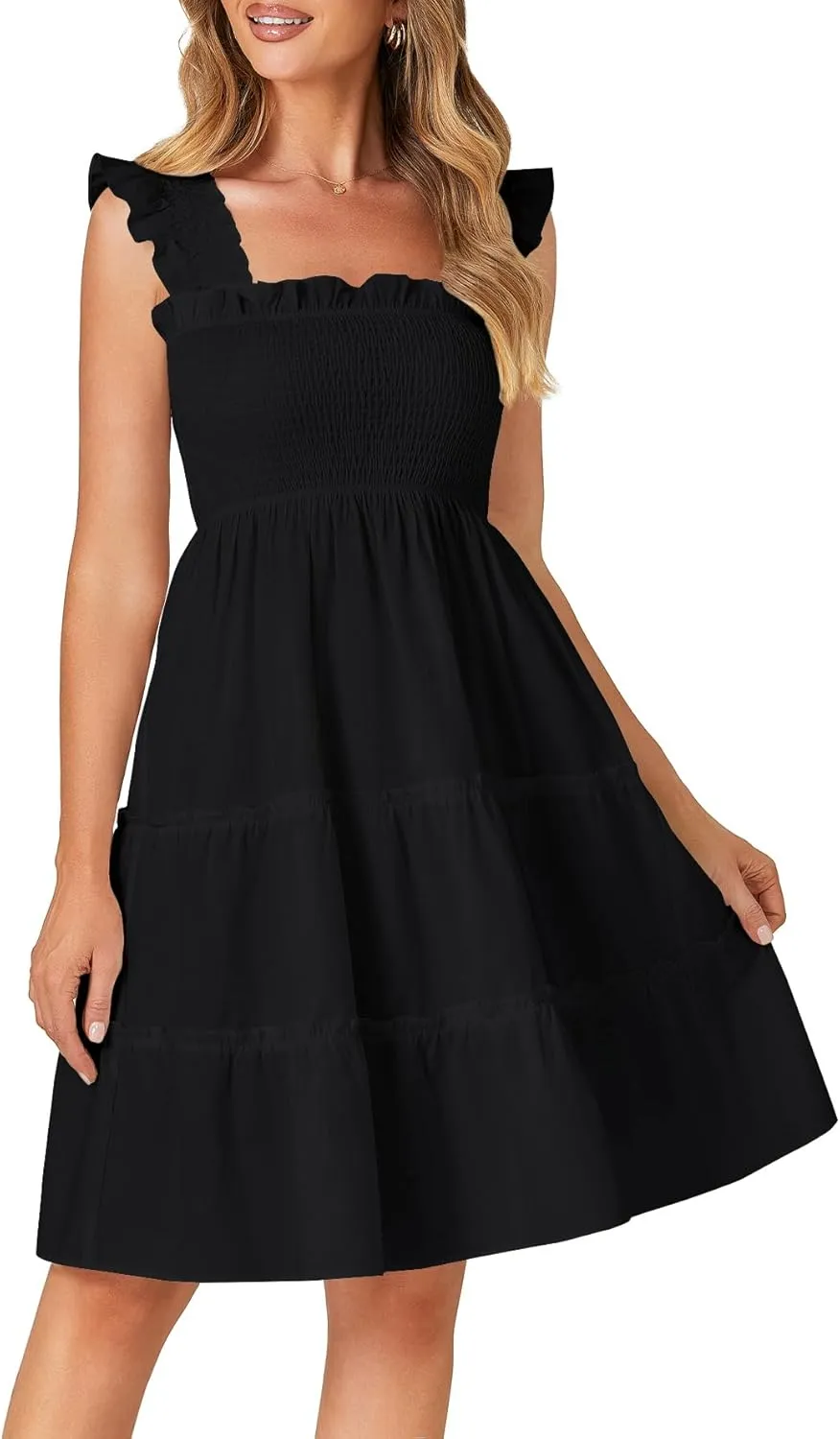 Rooscier Women's Square Neck Smocked Ruffle Sleeveless Tiered A Line Sundress Mini Dress