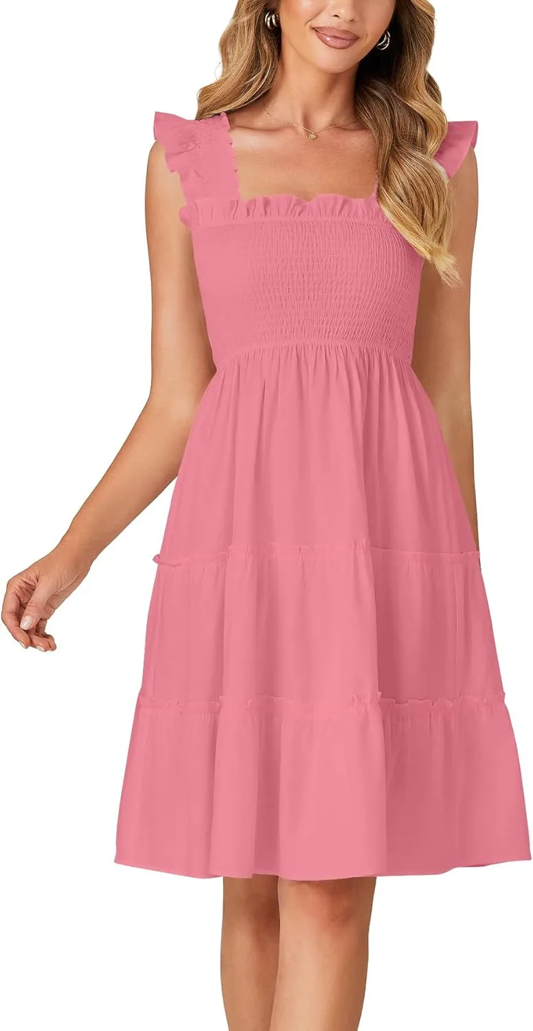 Rooscier Women's Square Neck Smocked Ruffle Sleeveless Tiered A Line Sundress Mini Dress