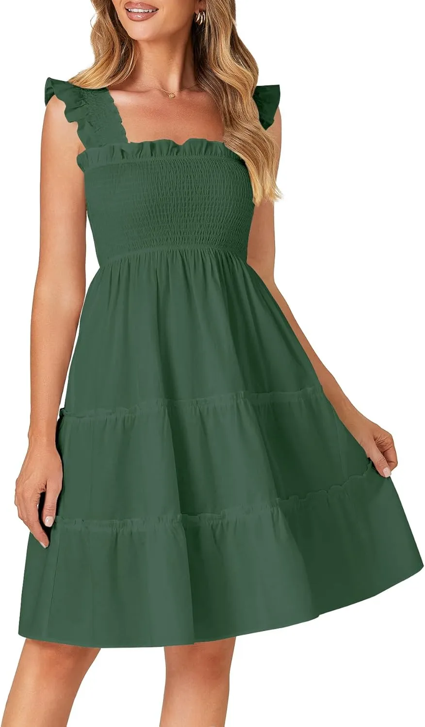 Rooscier Women's Square Neck Smocked Ruffle Sleeveless Tiered A Line Sundress Mini Dress