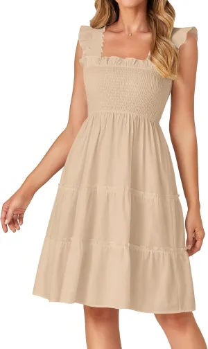 Rooscier Women's Square Neck Smocked Ruffle Sleeveless Tiered A Line Sundress Mini Dress
