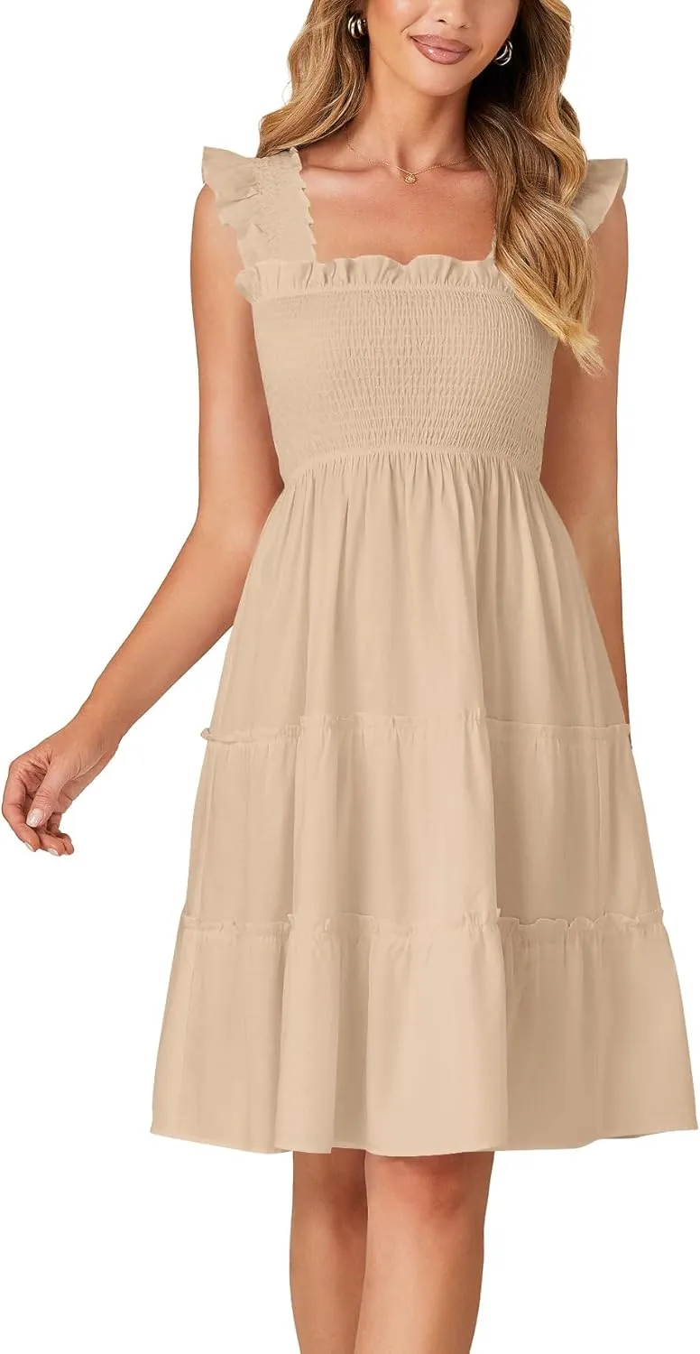 Rooscier Women's Square Neck Smocked Ruffle Sleeveless Tiered A Line Sundress Mini Dress