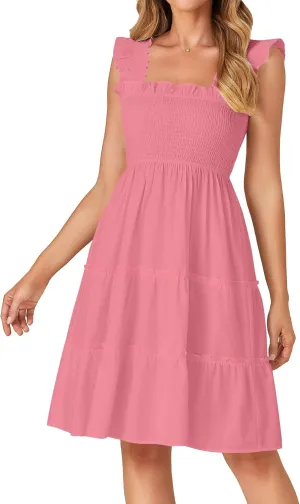 Rooscier Women's Square Neck Smocked Ruffle Sleeveless Tiered A Line Sundress Mini Dress