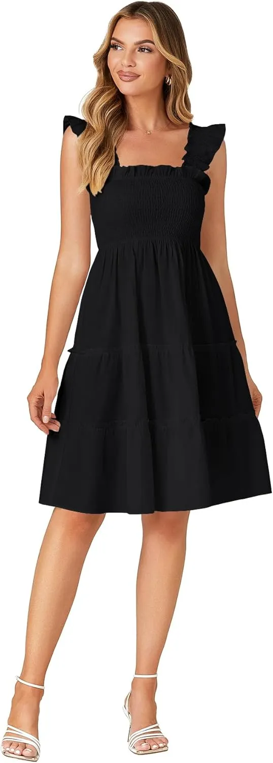 Rooscier Women's Square Neck Smocked Ruffle Sleeveless Tiered A Line Sundress Mini Dress
