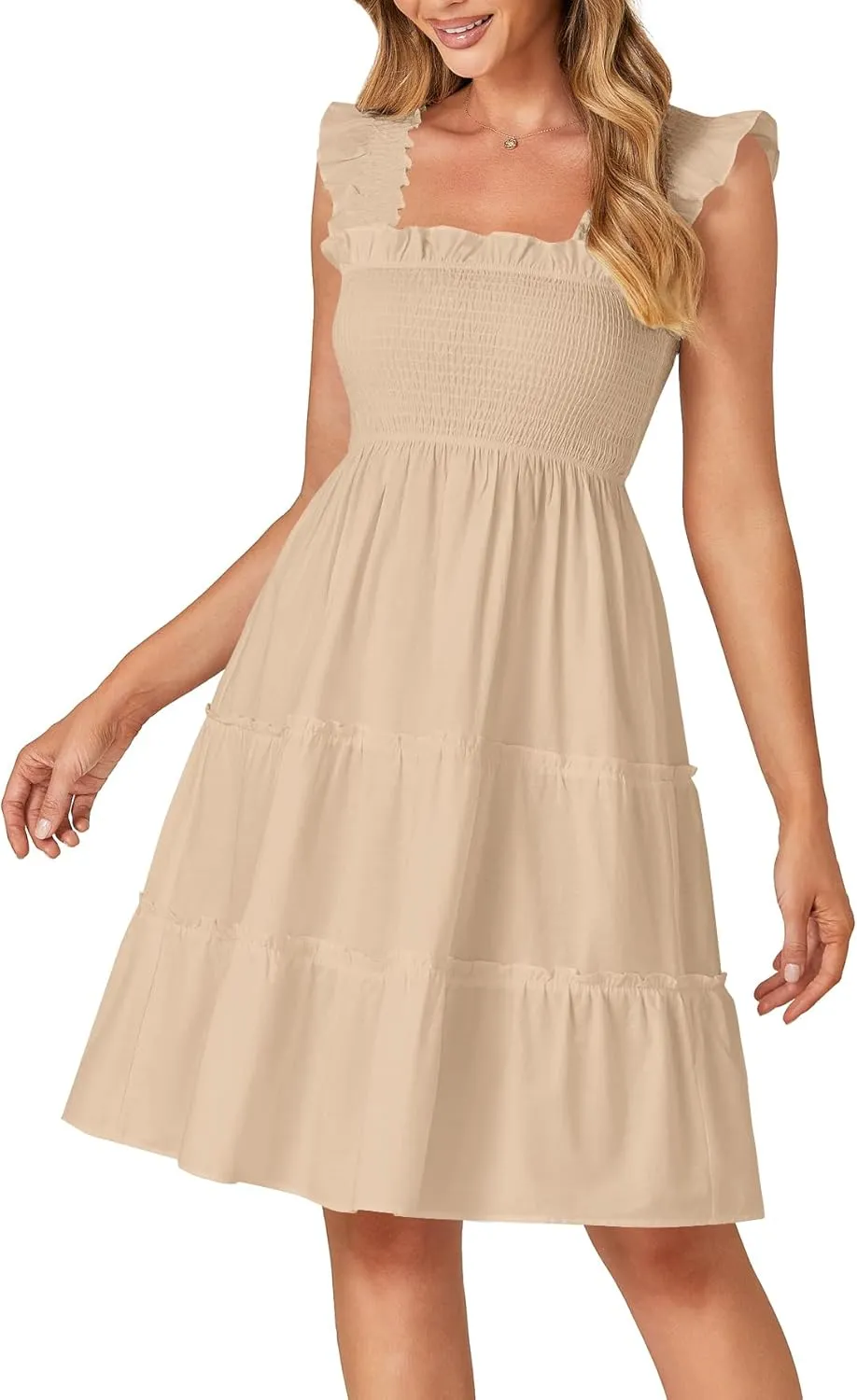 Rooscier Women's Square Neck Smocked Ruffle Sleeveless Tiered A Line Sundress Mini Dress