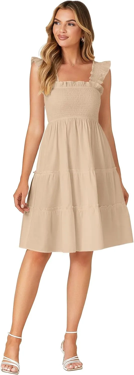 Rooscier Women's Square Neck Smocked Ruffle Sleeveless Tiered A Line Sundress Mini Dress