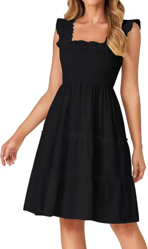 Rooscier Women's Square Neck Smocked Ruffle Sleeveless Tiered A Line Sundress Mini Dress