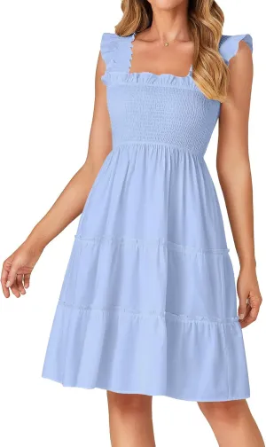Rooscier Women's Square Neck Smocked Ruffle Sleeveless Tiered A Line Sundress Mini Dress