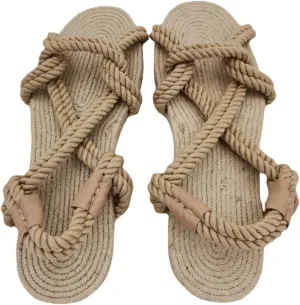 Rope Sandals for Women Braided Straw Sandals Crisscross Strappy Open Toe Summer Slide Beach Sandals Women Boho Flats