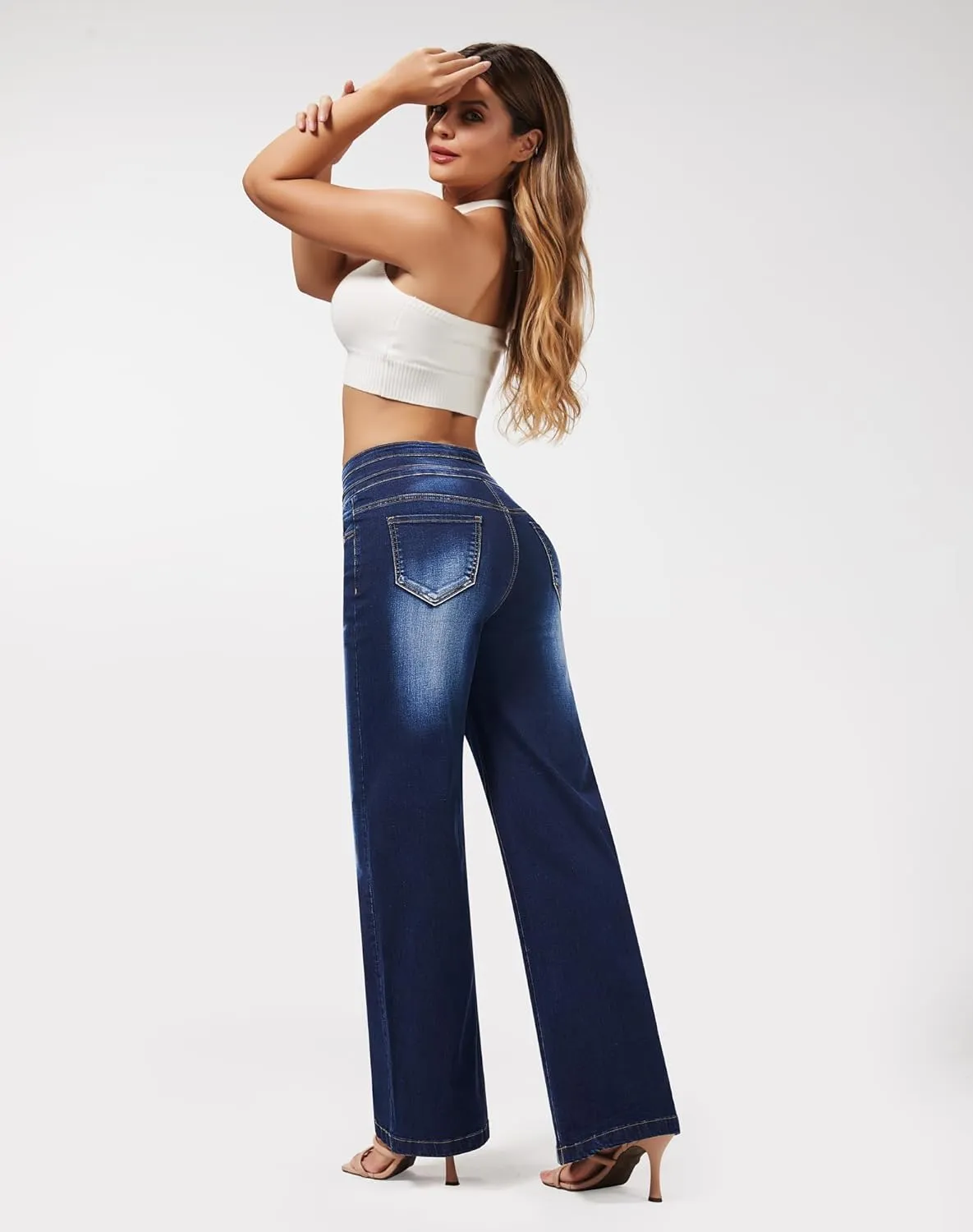 roswear Women's Wide Leg High Waisted Jeans Stretchy Trendy Denim Jeans