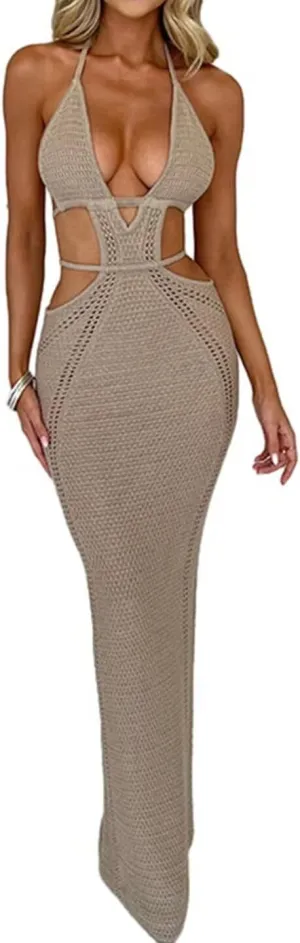 Ryehack Women's Halter Crochet Maxi Dress - Summer Sleeveless Backless V-Neck Hollow Out Beach Vacation Dress