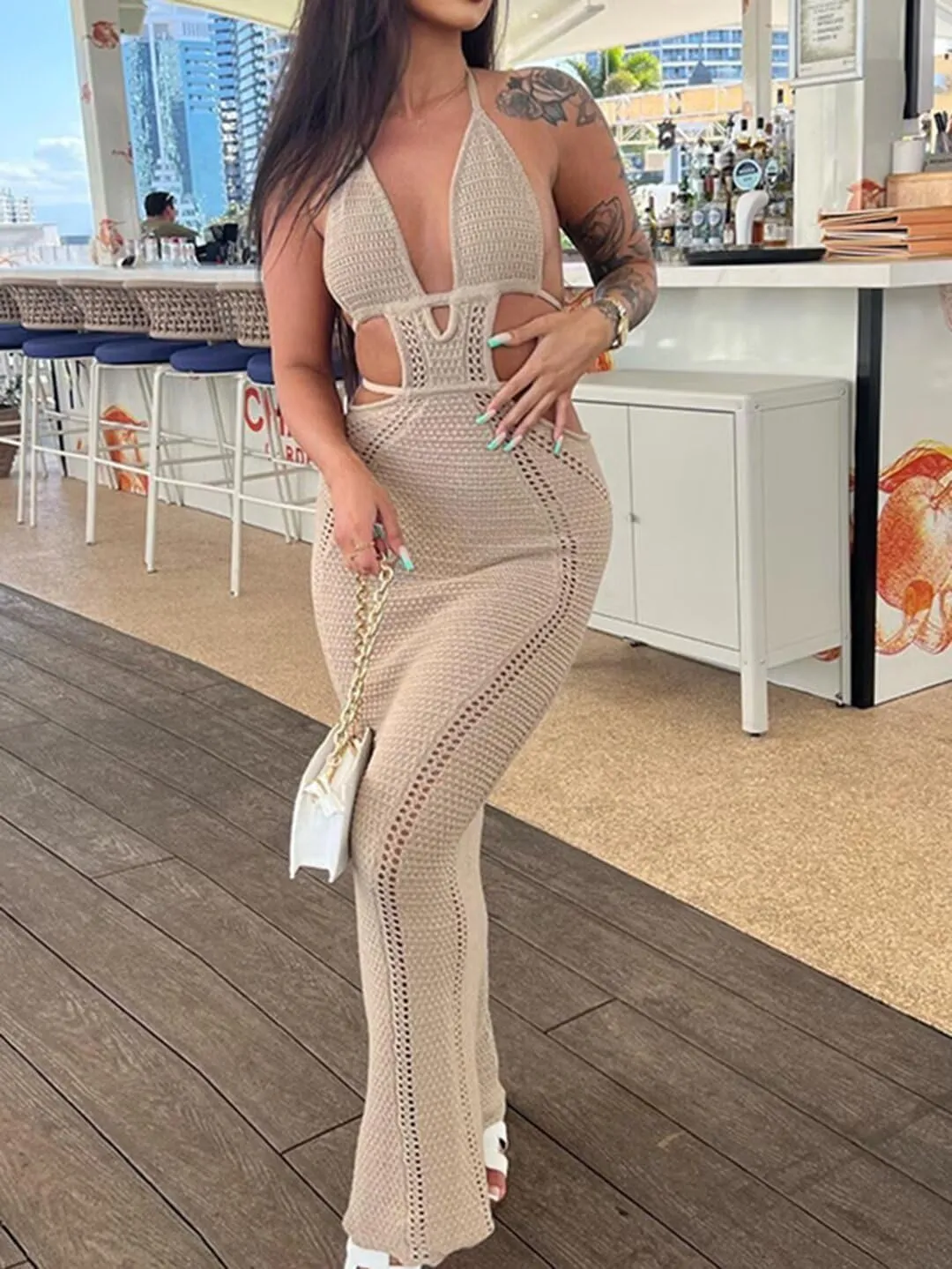 Ryehack Women's Halter Crochet Maxi Dress - Summer Sleeveless Backless V-Neck Hollow Out Beach Vacation Dress
