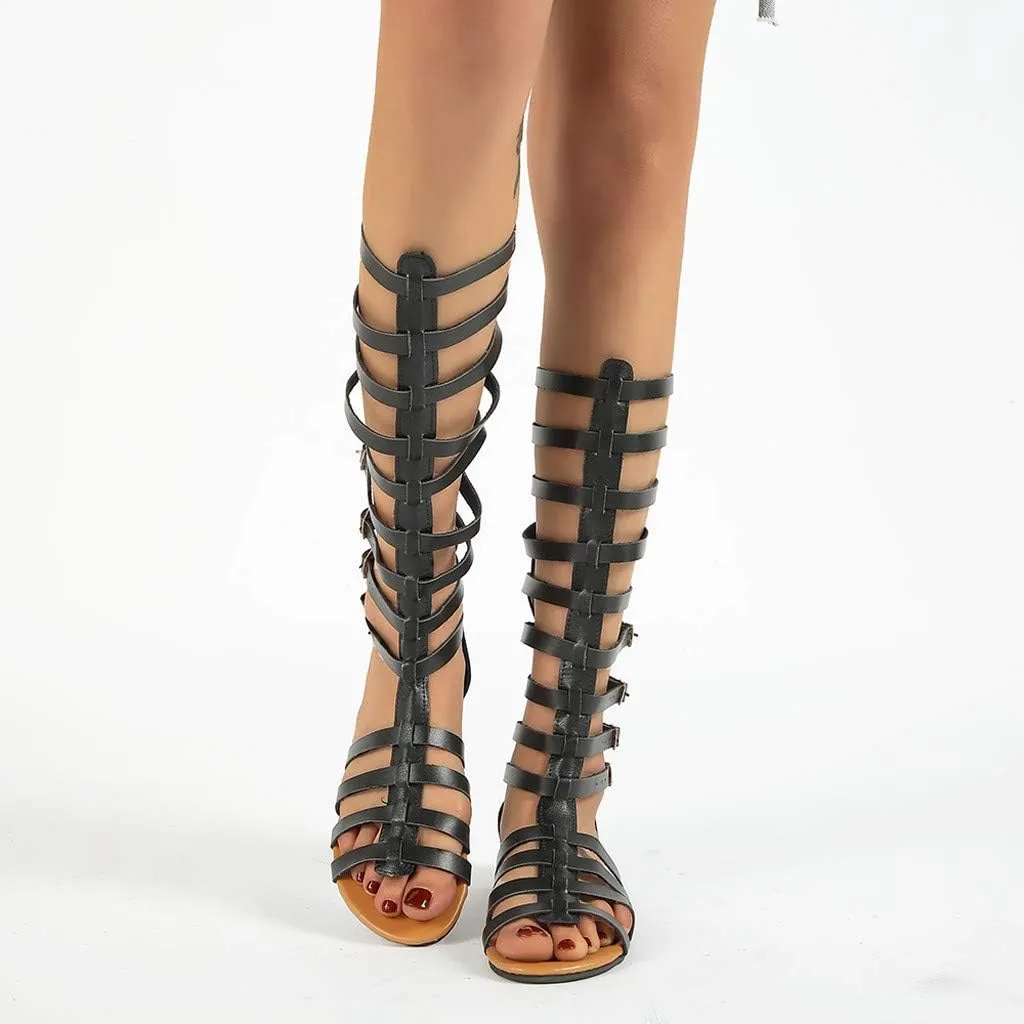 Sandals Women Gladiator Inspired Multi Strap Knee High Buckle Closure Summer Fashion Outdoor Shoes