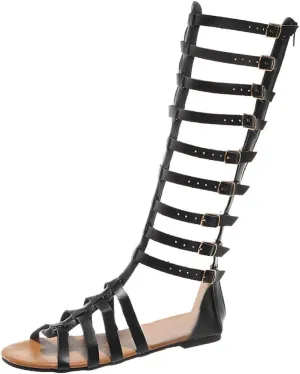 Sandals Women Gladiator Inspired Multi Strap Knee High Buckle Closure Summer Fashion Outdoor Shoes