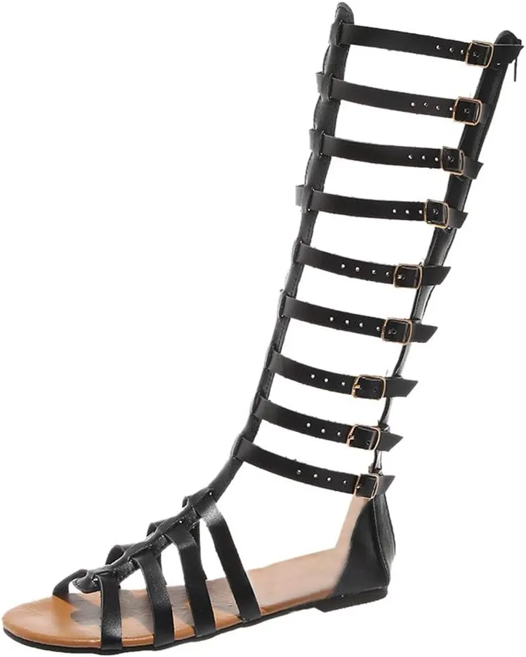 Sandals Women Gladiator Inspired Multi Strap Knee High Buckle Closure Summer Fashion Outdoor Shoes