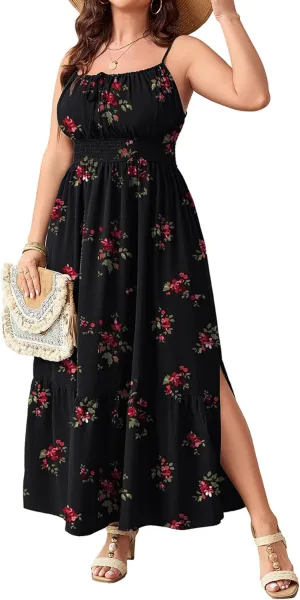SCOMCHIC Plus Size Summer Boho Dresses Spaghetti Strap Sleeveless Casual Sundress Smocked Flowy Slit Beach Maxi Dress