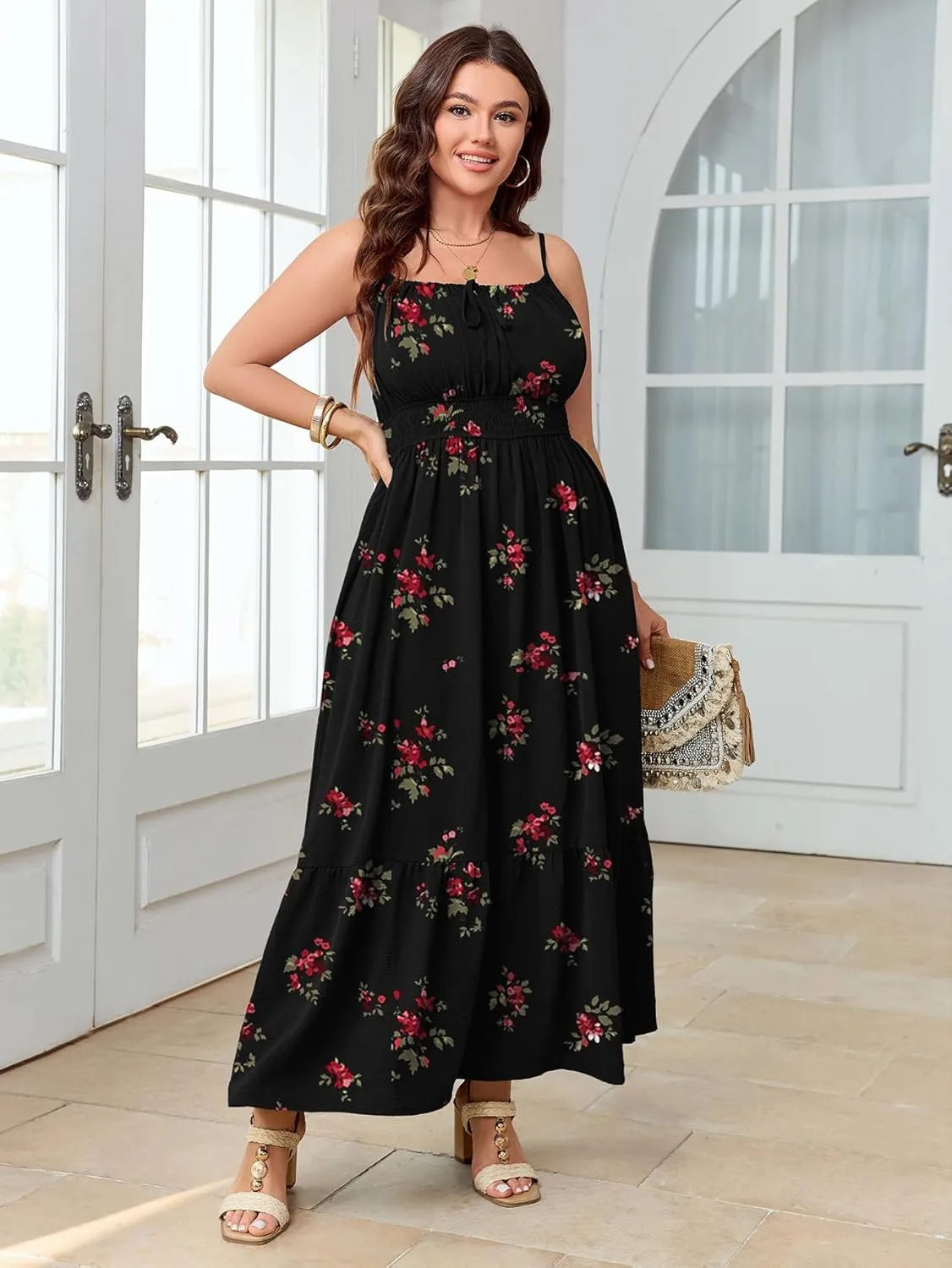 SCOMCHIC Plus Size Summer Boho Dresses Spaghetti Strap Sleeveless Casual Sundress Smocked Flowy Slit Beach Maxi Dress