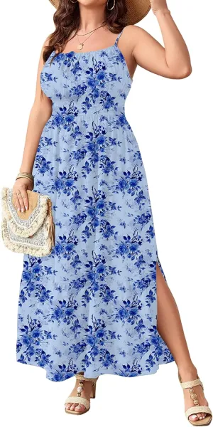 SCOMCHIC Plus Size Summer Boho Dresses Spaghetti Strap Sleeveless Casual Sundress Smocked Flowy Slit Beach Maxi Dress