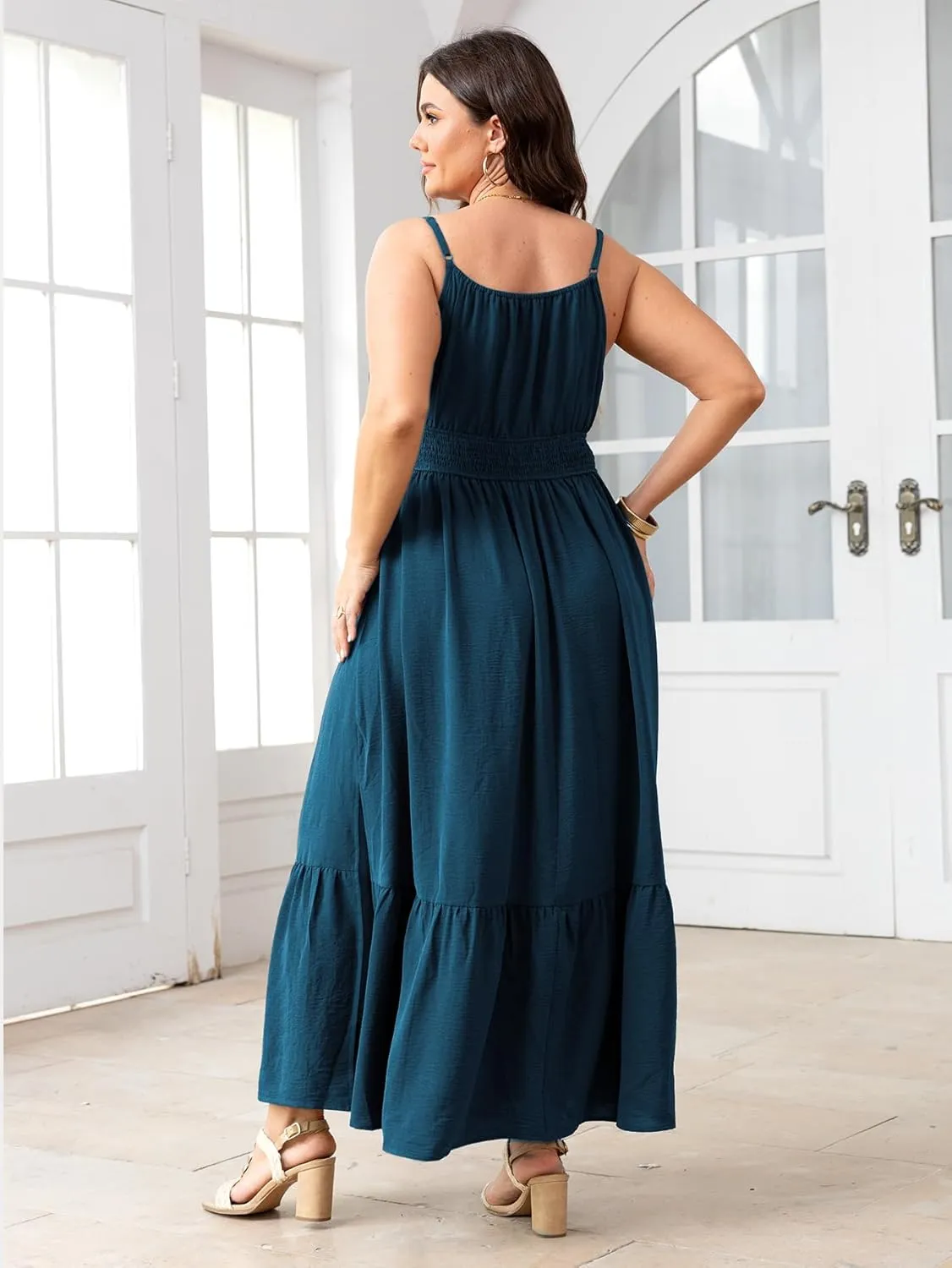 SCOMCHIC Plus Size Summer Boho Dresses Spaghetti Strap Sleeveless Casual Sundress Smocked Flowy Slit Beach Maxi Dress