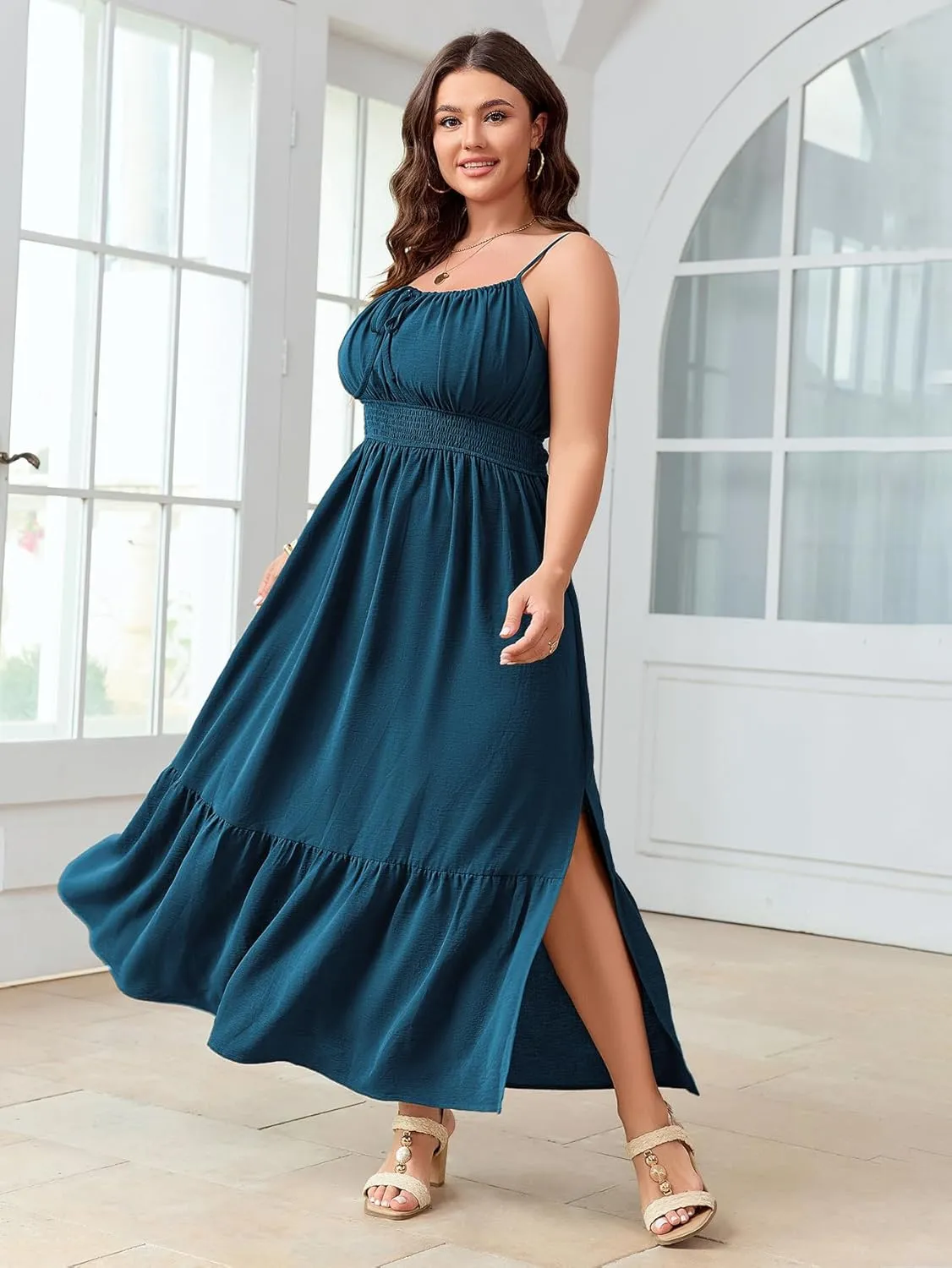 SCOMCHIC Plus Size Summer Boho Dresses Spaghetti Strap Sleeveless Casual Sundress Smocked Flowy Slit Beach Maxi Dress