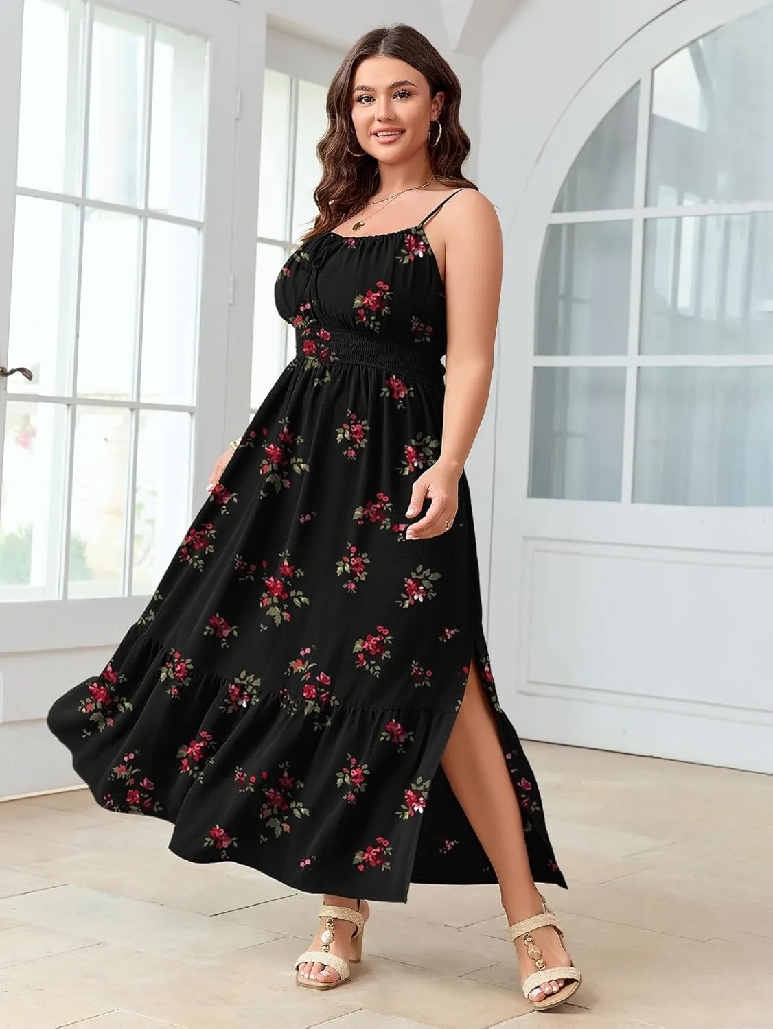 SCOMCHIC Plus Size Summer Boho Dresses Spaghetti Strap Sleeveless Casual Sundress Smocked Flowy Slit Beach Maxi Dress