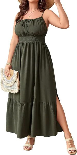 SCOMCHIC Plus Size Summer Boho Dresses Spaghetti Strap Sleeveless Casual Sundress Smocked Flowy Slit Beach Maxi Dress
