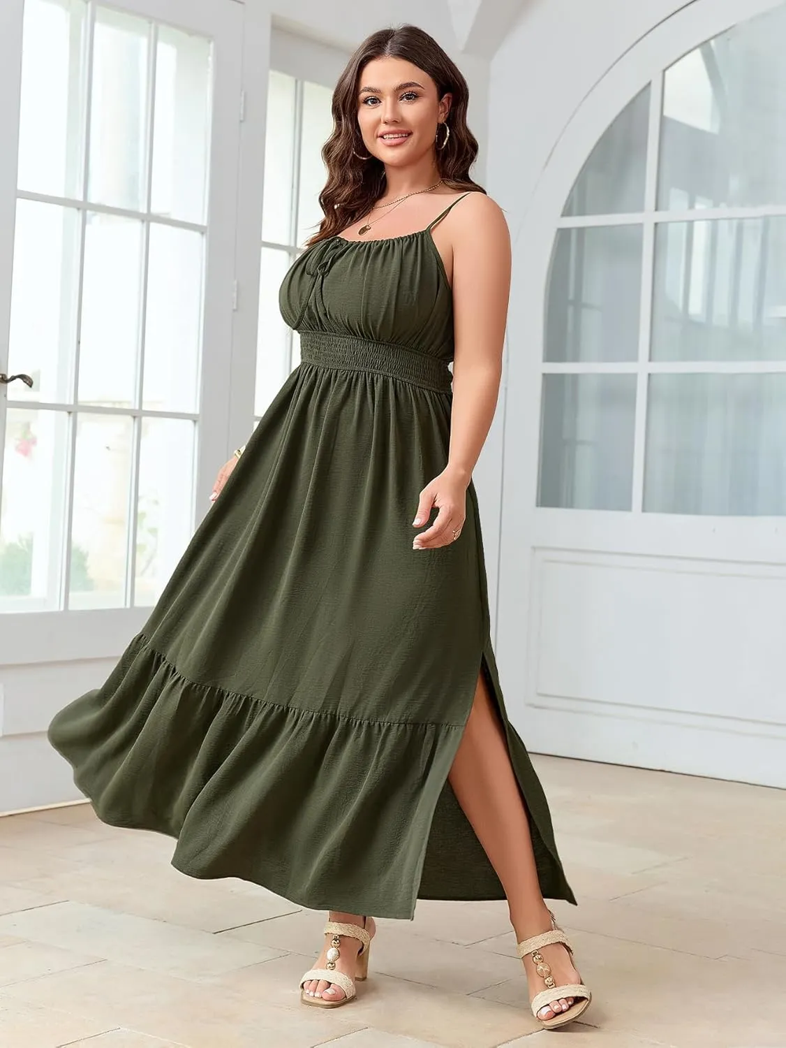 SCOMCHIC Plus Size Summer Boho Dresses Spaghetti Strap Sleeveless Casual Sundress Smocked Flowy Slit Beach Maxi Dress