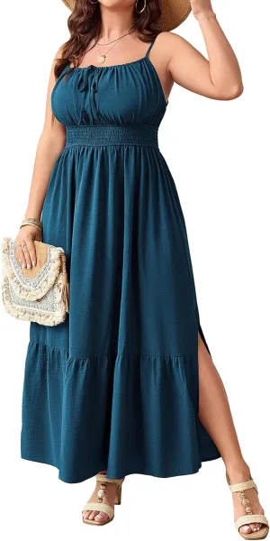 SCOMCHIC Plus Size Summer Boho Dresses Spaghetti Strap Sleeveless Casual Sundress Smocked Flowy Slit Beach Maxi Dress