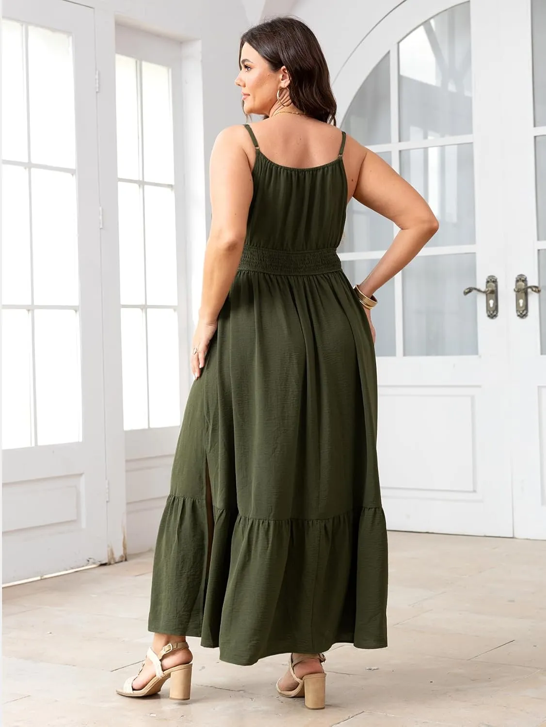 SCOMCHIC Plus Size Summer Boho Dresses Spaghetti Strap Sleeveless Casual Sundress Smocked Flowy Slit Beach Maxi Dress