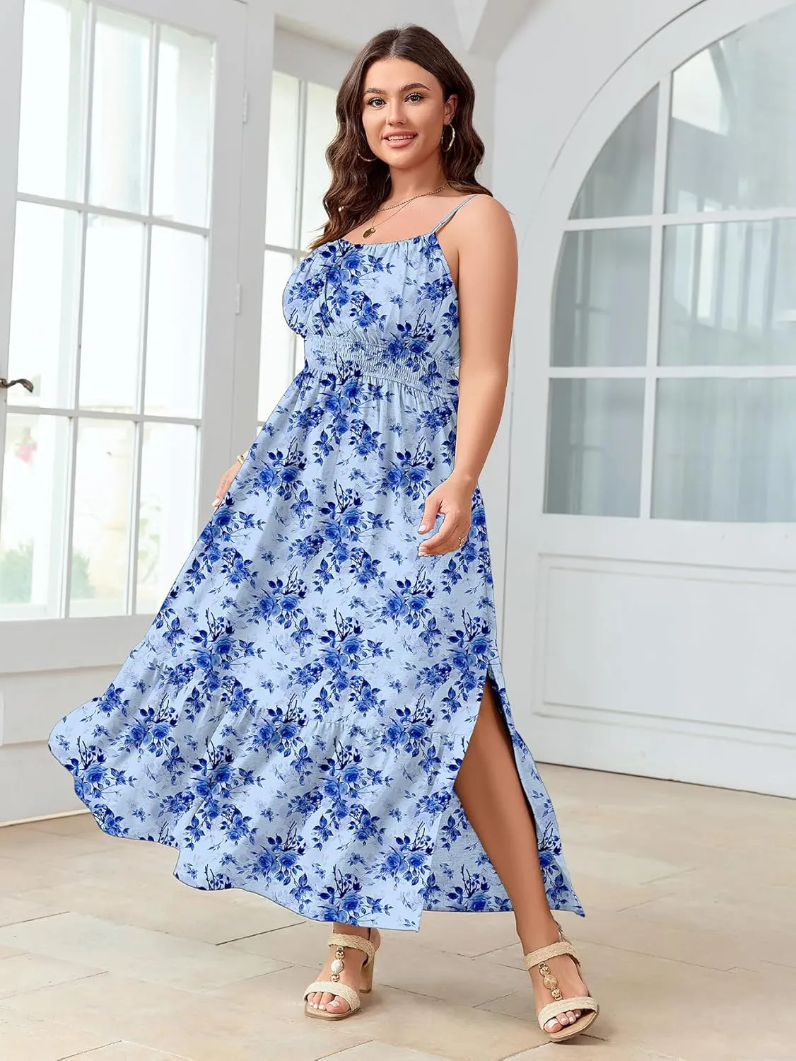 SCOMCHIC Plus Size Summer Boho Dresses Spaghetti Strap Sleeveless Casual Sundress Smocked Flowy Slit Beach Maxi Dress