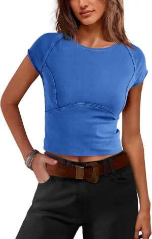 SENSERISE Womens Crop Tops Tight T Shirts Short Sleeve Crewneck Basic Tee Slim Fit Summer Going Out Outfit