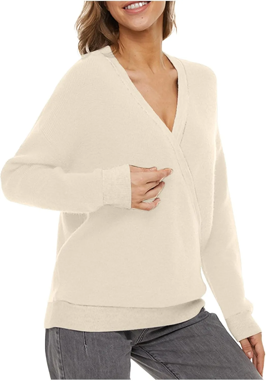 Sexy Cross Wrap v Neck Sweaters for Women Trendy Oversized Long Sleeve Knit Pullover Tops Ladies Casual Sweater