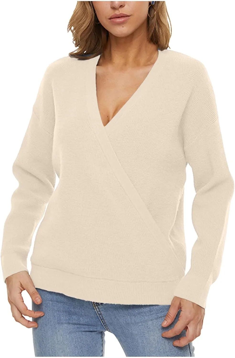 Sexy Cross Wrap v Neck Sweaters for Women Trendy Oversized Long Sleeve Knit Pullover Tops Ladies Casual Sweater