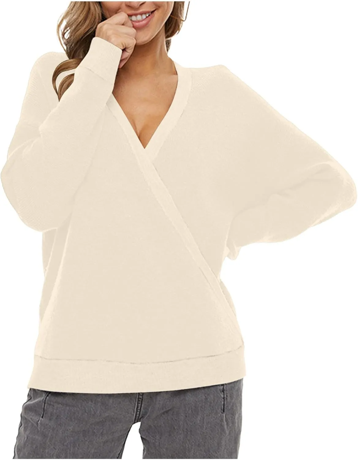 Sexy Cross Wrap v Neck Sweaters for Women Trendy Oversized Long Sleeve Knit Pullover Tops Ladies Casual Sweater