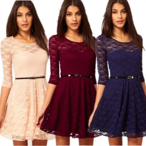 Sexy Spoon Neck 3/4 Sleeve Belt Include Lace colorful Sakter Dress, WL2189