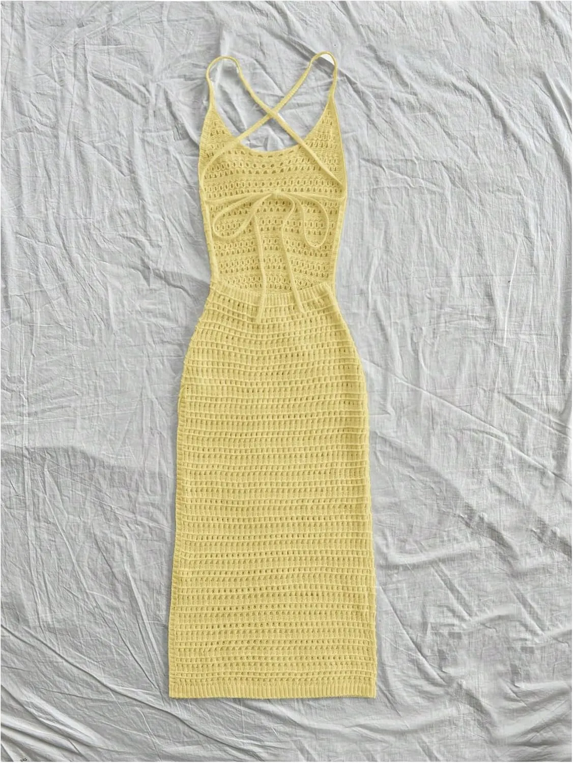 SHENHE Women's Crochet Knit Maxi Dress High Slit Backless Hollow Out Sleeveless Dress