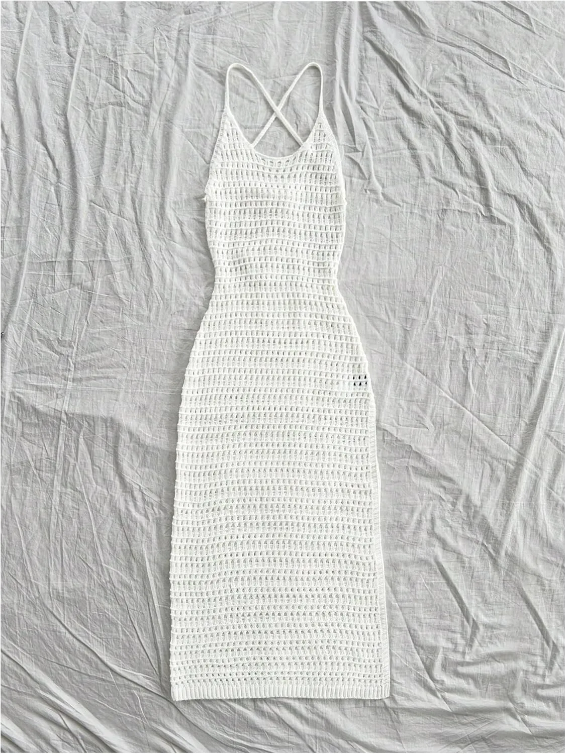 SHENHE Women's Crochet Knit Maxi Dress High Slit Backless Hollow Out Sleeveless Dress