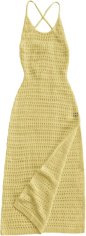 SHENHE Women's Crochet Knit Maxi Dress High Slit Backless Hollow Out Sleeveless Dress
