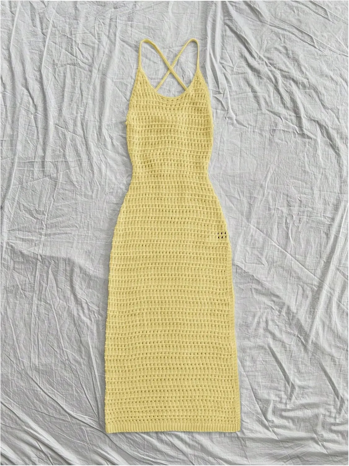 SHENHE Women's Crochet Knit Maxi Dress High Slit Backless Hollow Out Sleeveless Dress