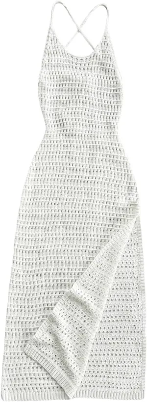 SHENHE Women's Crochet Knit Maxi Dress High Slit Backless Hollow Out Sleeveless Dress