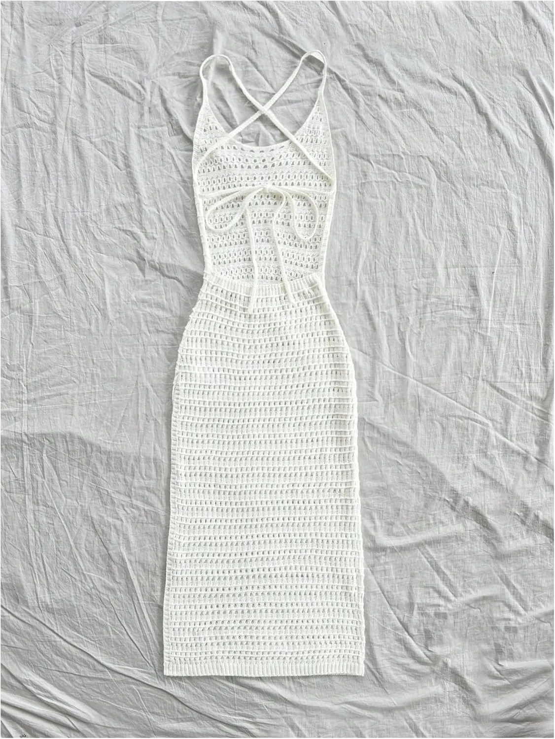 SHENHE Women's Crochet Knit Maxi Dress High Slit Backless Hollow Out Sleeveless Dress