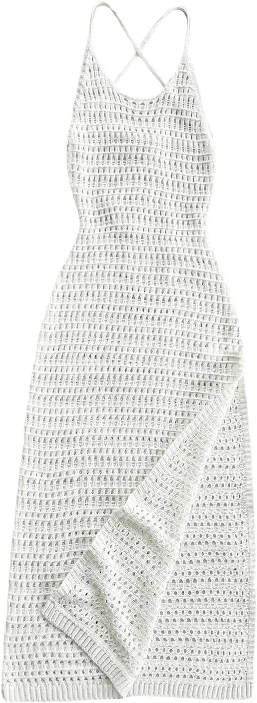 SHENHE Women's Crochet Knit Maxi Dress High Slit Backless Hollow Out Sleeveless Dress